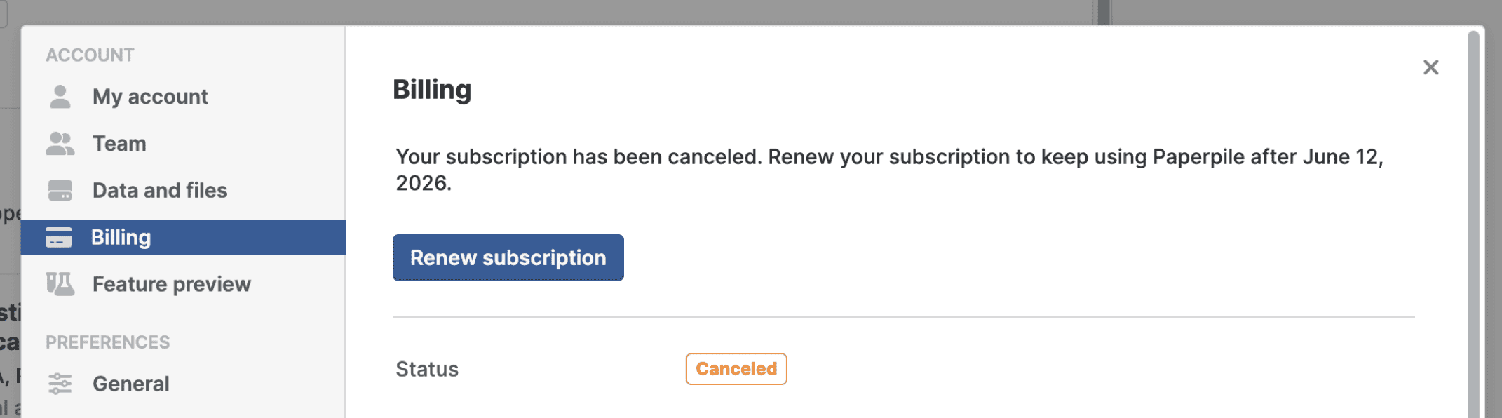 Settings › Billing showing a cancelled subscription, with a note that it must be renewed to keep using Paperpile after the end date, a “Renew subscription” button and a Status row reading Canceled.
